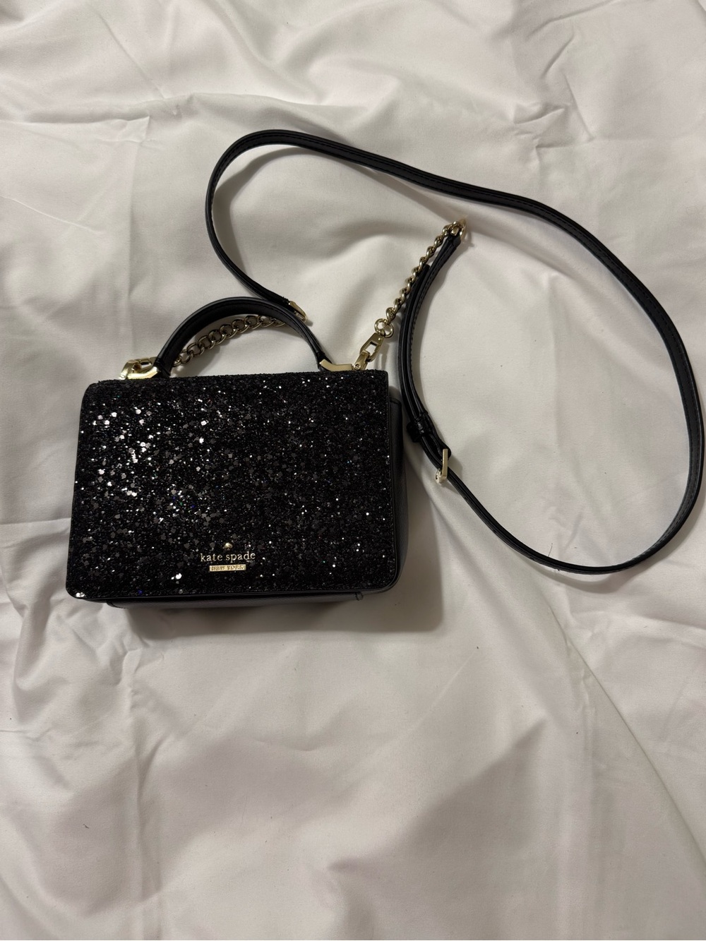 Kate Spade New York Black Glitter Crossbody Satchel Bag Gold Chain Strap - Picture 2 of 5